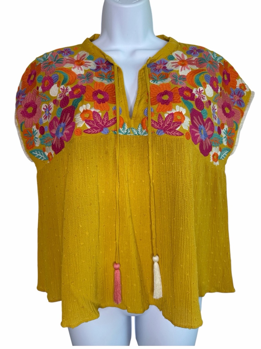 THML Women’s Yellow Mustard Floral Embroidered Peasant Top V-Neck Tassel Ties S